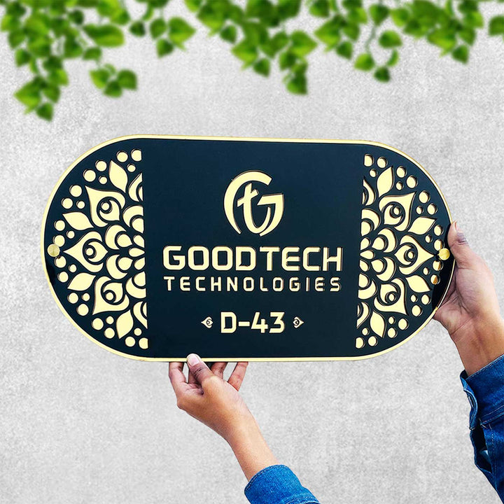 Personalized Golden Bloom Acrylic Name Plate - Front View Held by Hands