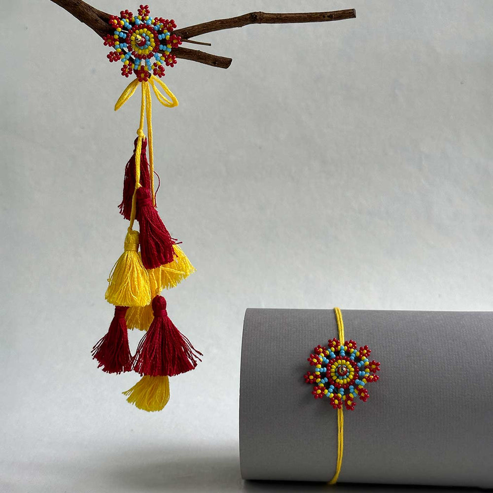 Customized Handmade Beaded Phool Design Lumba Rakhi For Bhabhi With Roli Chawal - Decorative Hanging with Tassels and Bracelet