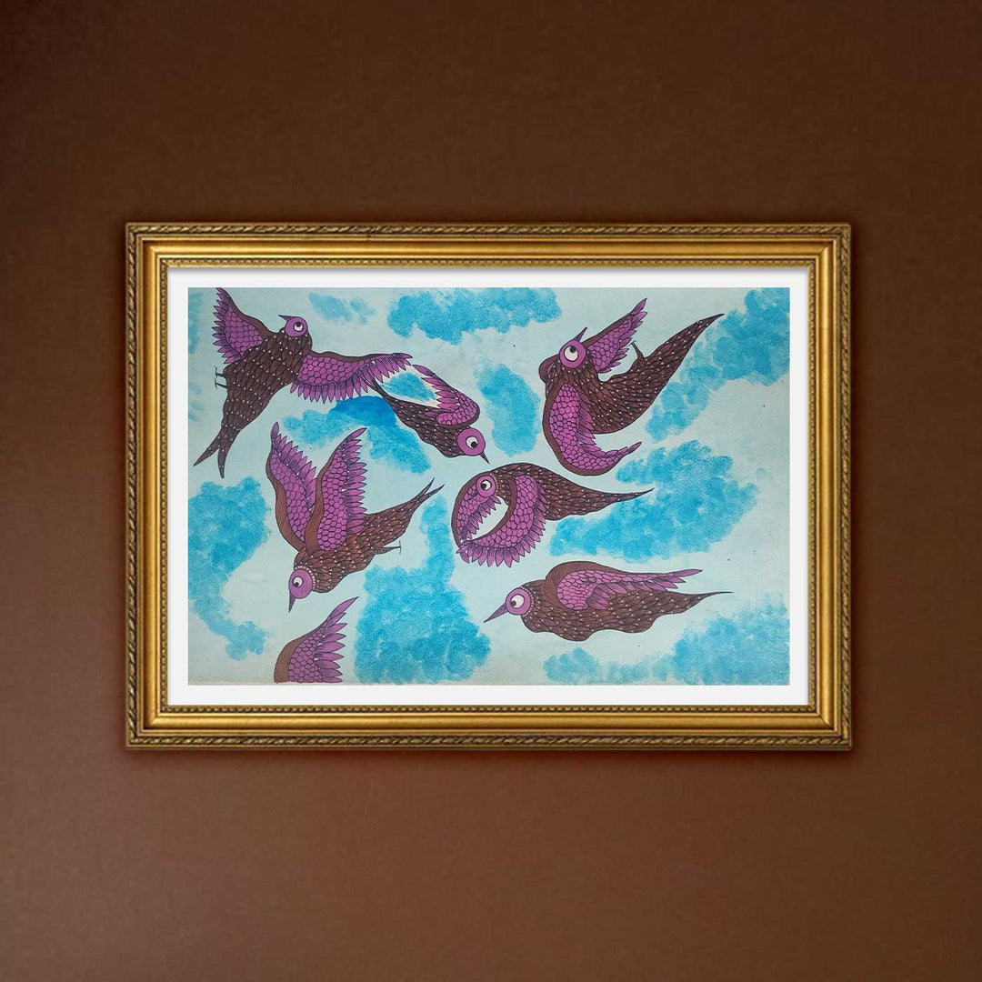 16 x 23 Inch | Playing Birds In Sky | Original Hand Painted Tribal Gond Art Painting | Acrylic Paints On Paper
