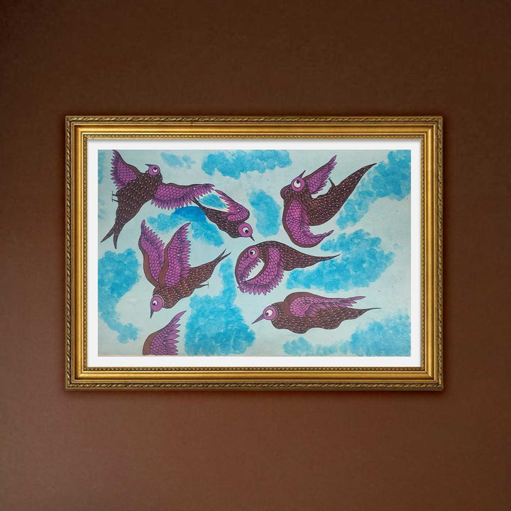 16 x 23 Inch | Playing Birds In Sky | Original Hand Painted Tribal Gond Art Painting | Acrylic Paints On Paper