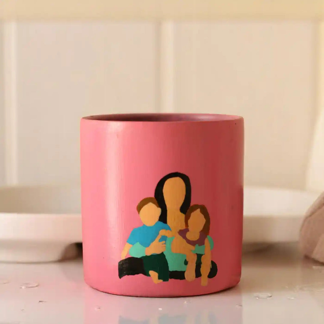 Customized Hand-Painted Mother With Two Kids Terracotta Planter