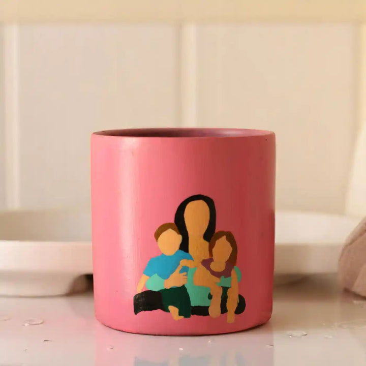 Customized Hand-Painted Mother With Two Kids Terracotta Planter