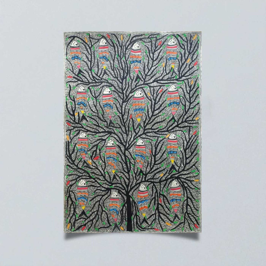 22 x 30 Inch | Fishes in the Sacred Tree | Original Hand Painted Madhubani Painting | Natural Pigments On Paper