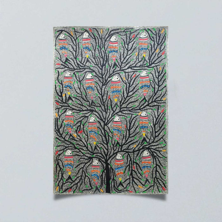 22 x 30 Inch | Fishes in the Sacred Tree | Original Hand Painted Madhubani Painting | Natural Pigments On Paper