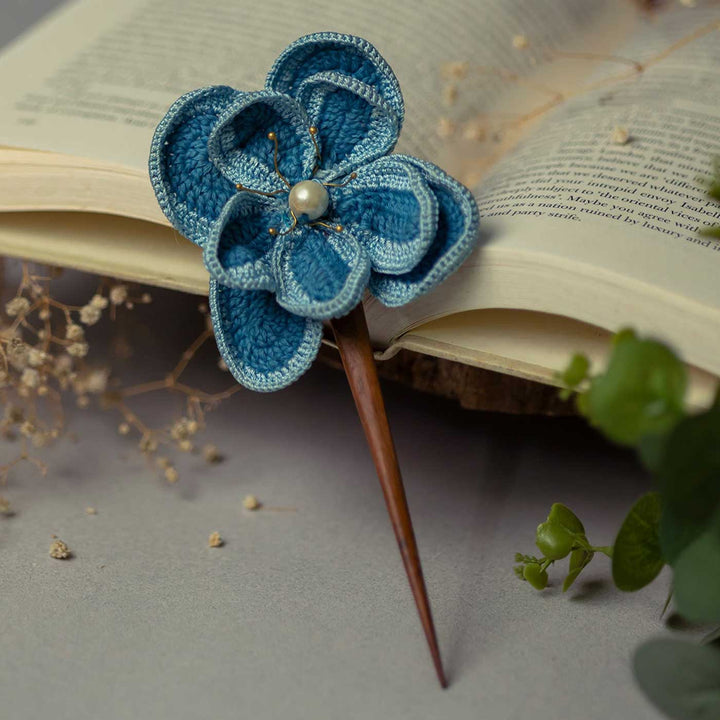 Handmade Crochet Blue Lotus Design Hairstick