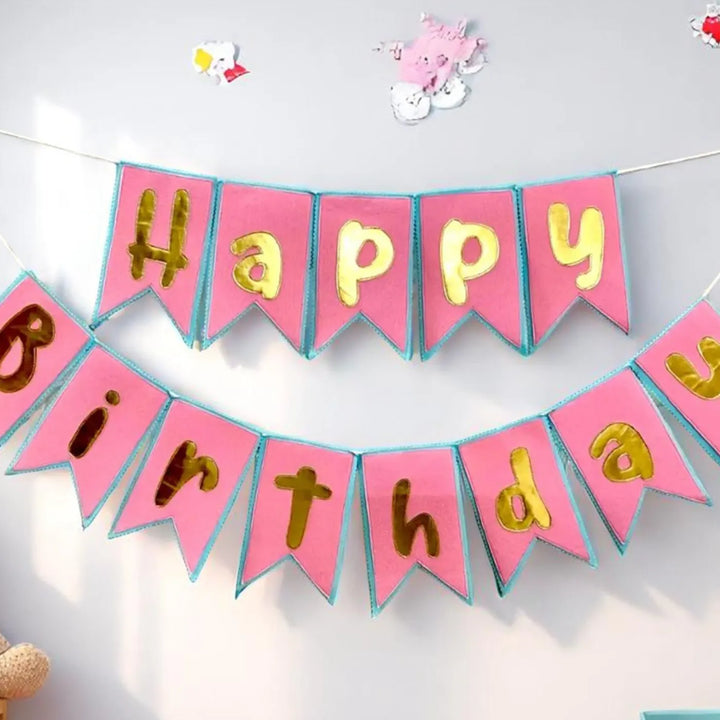 Handmade Pink & Blue Theme Felt Happy Birthday Bunting