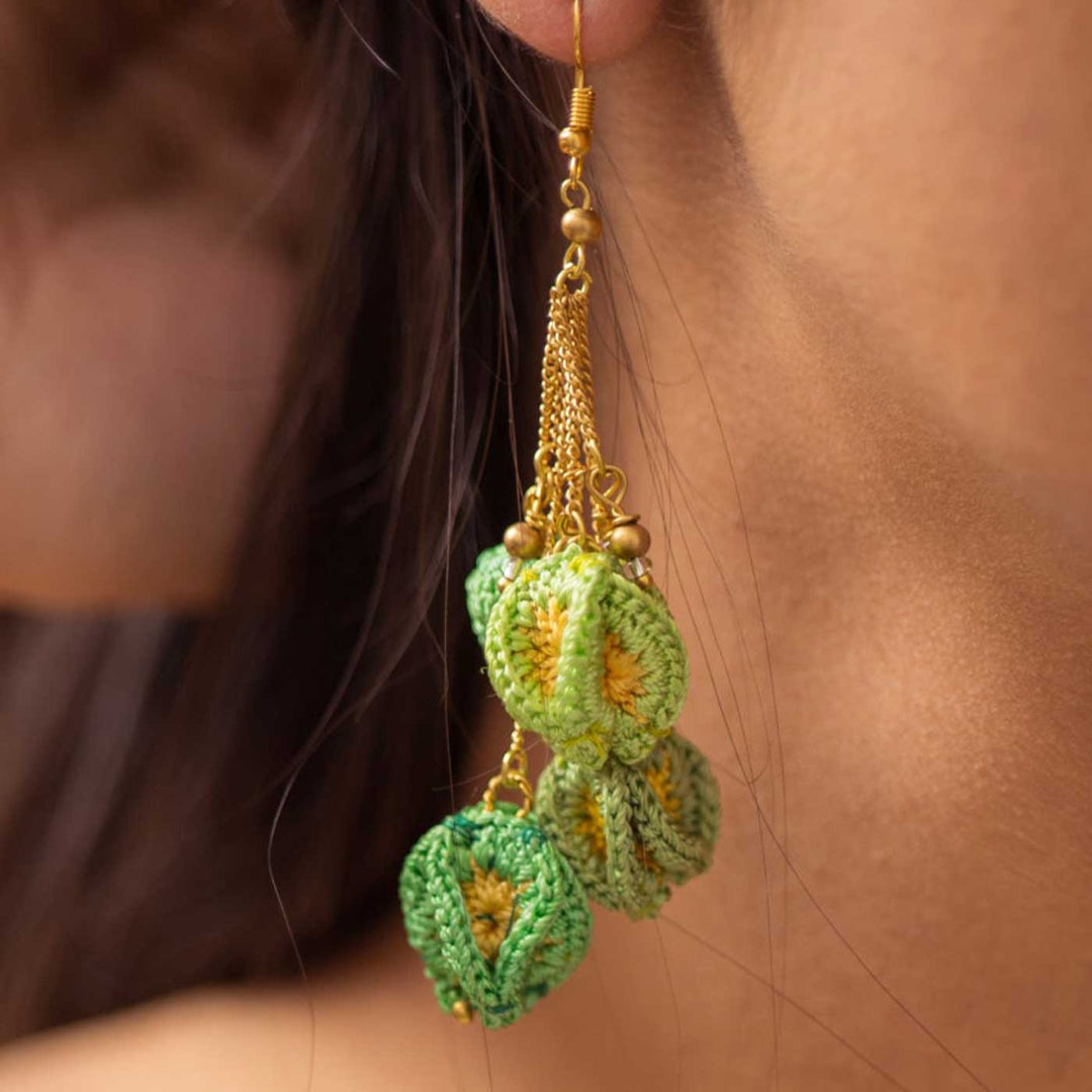 Handmade Crochet Green Bougainvillea Viscose Thread Swing Earrings