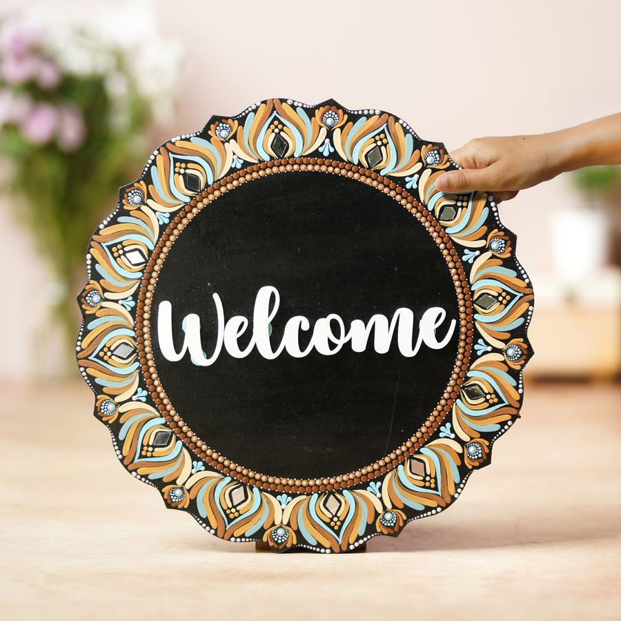Handcrafted Dot Art Circular Name Plate 2 - Front View Held by Hand