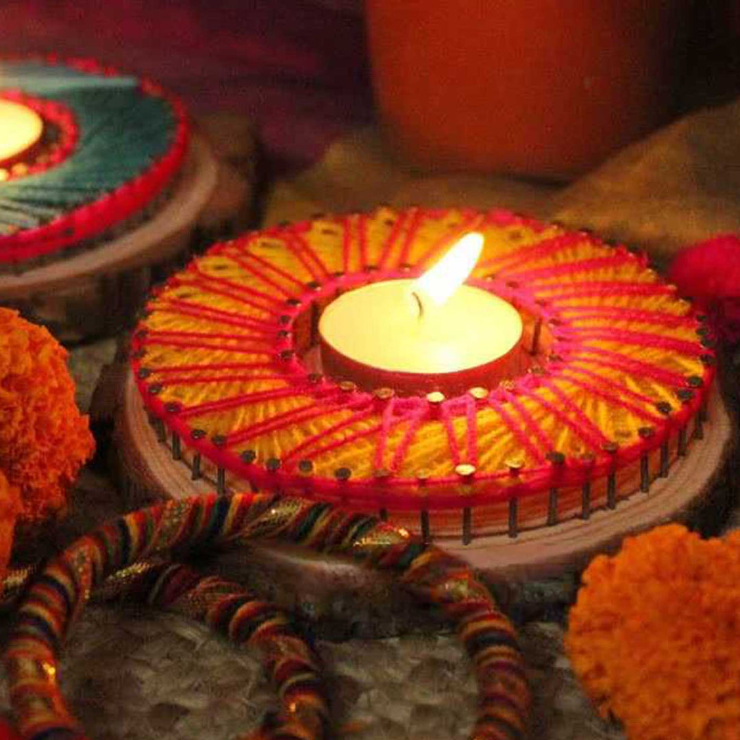 Handmade String Art Pink And Teal Flower Design Mdf Wood Tealight Holder | Set Of 2