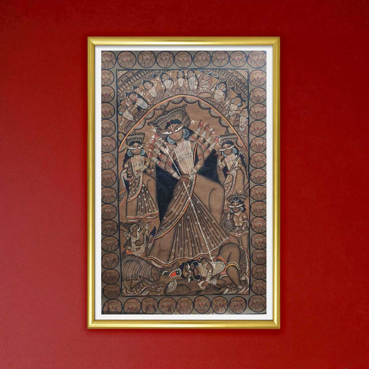 29 x 48 Inch | Maa Durga With Ten Arms | Original Hand Painted Kalighat Painting | Natural Pigment On Paper