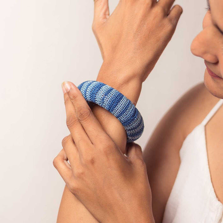 Handmade Crochet Rangat Blue Striped Chunky Bangle