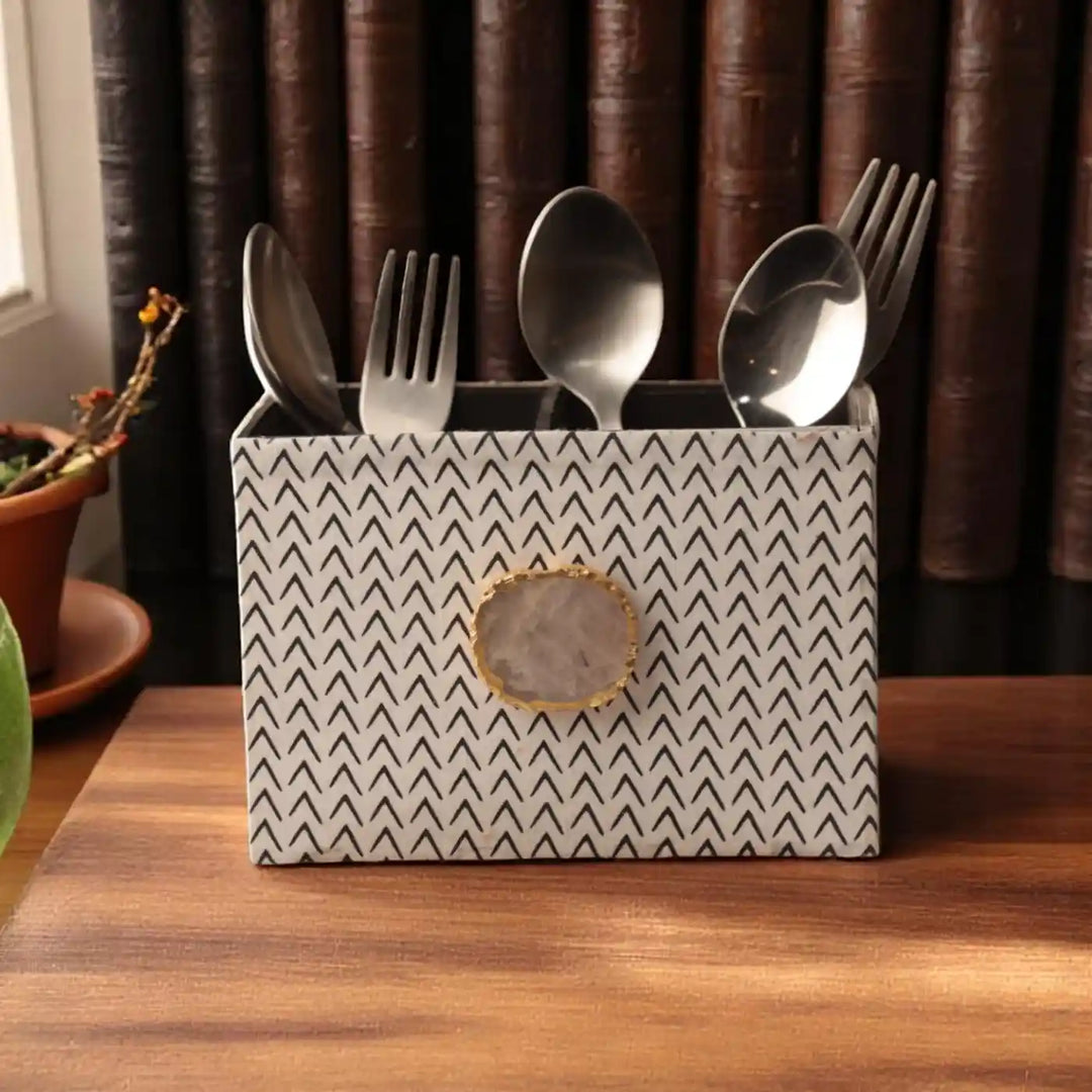 Black And White Cotton Fabric Coated MDF Cutlery Holder With Agate Accent | 6 x 4 x 3.5 inch