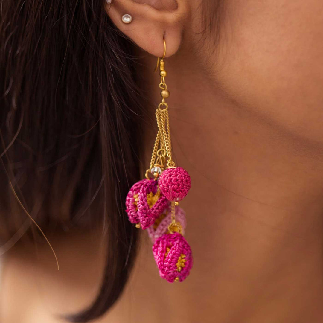 Handmade Crochet Pink Bougainvillea Viscose Thread Swing Earrings