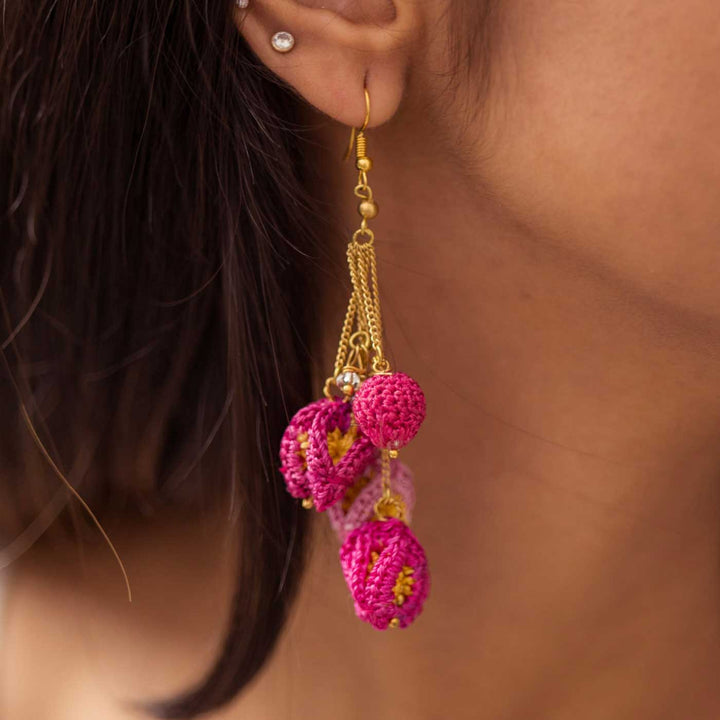 Handmade Crochet Pink Bougainvillea Viscose Thread Swing Earrings