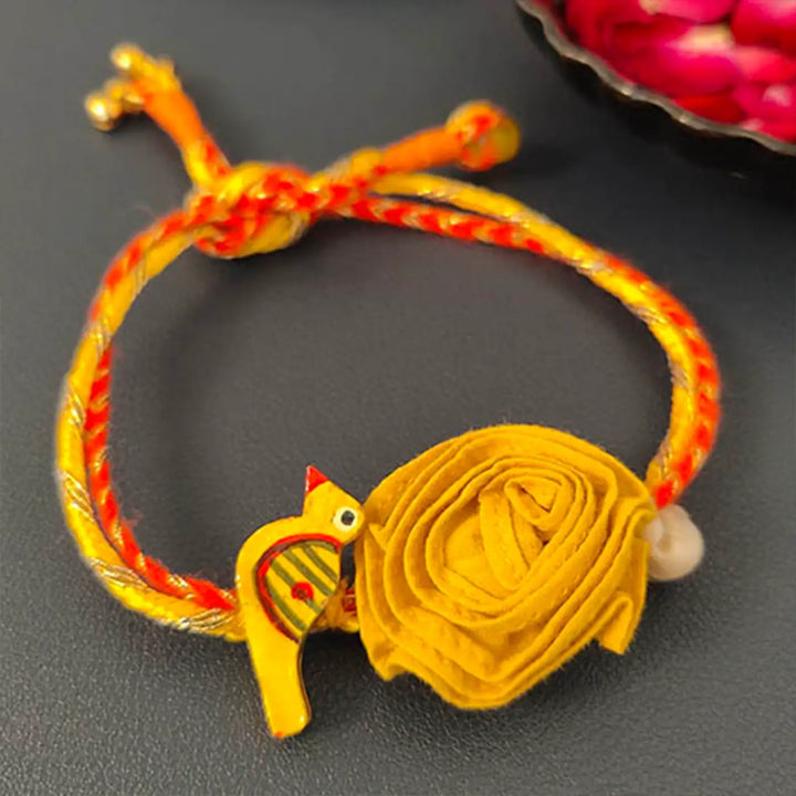 Handmade Yellow Chidiya Rakhi With Roli Chawal