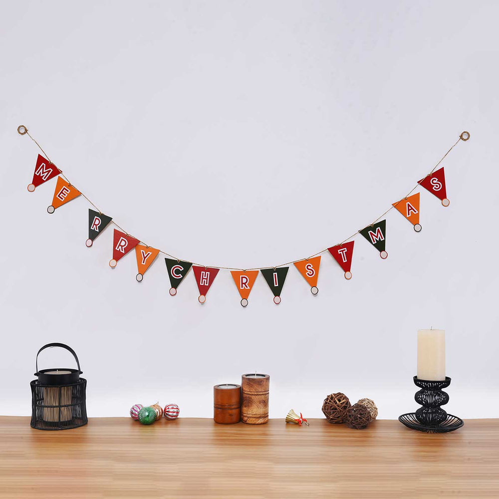 Decorative Pine Wood Merry Christmas Triangle Bunting - Hanging Banner Wall Display