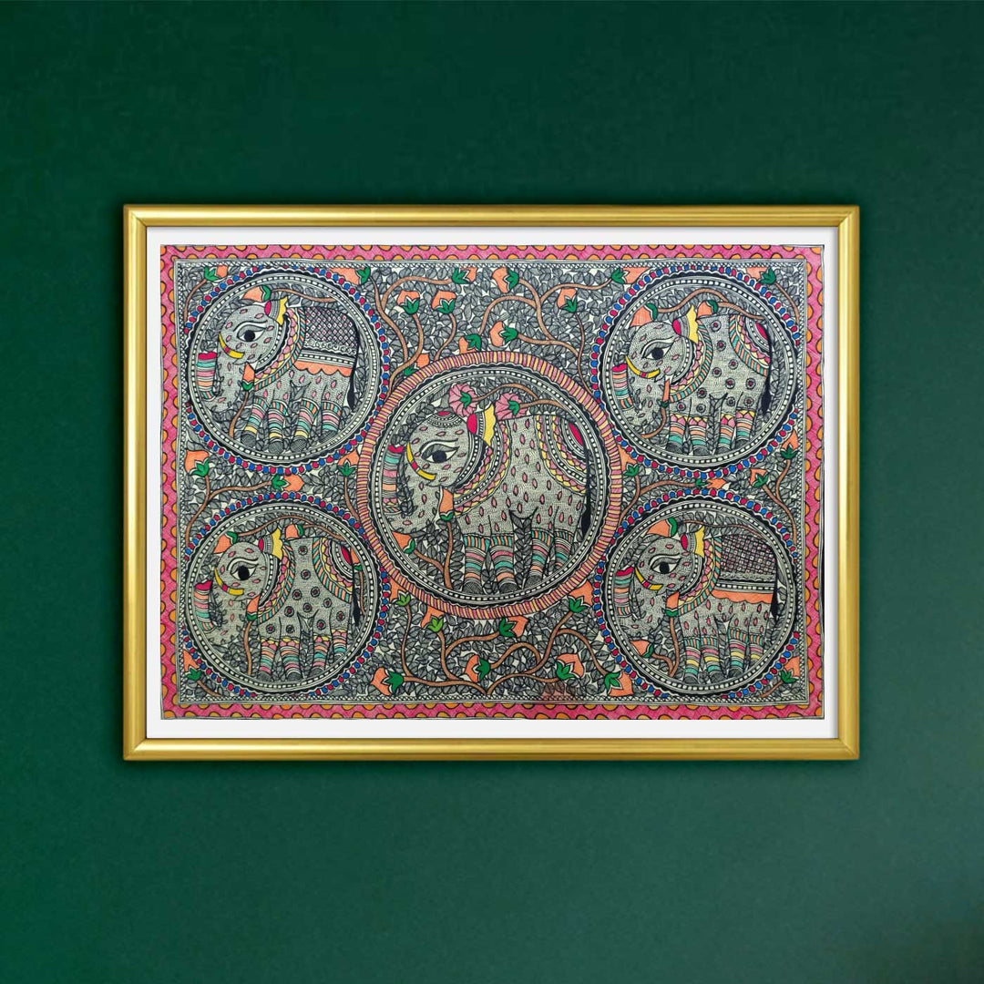 22 x 30 Inch | Elephants & Tree | Original Hand Painted Madhubani Painting | Natural Pigments On Paper