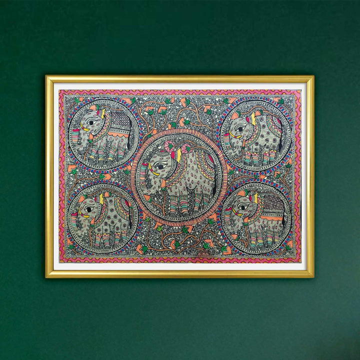 22 x 30 Inch | Elephants & Tree | Original Hand Painted Madhubani Painting | Natural Pigments On Paper