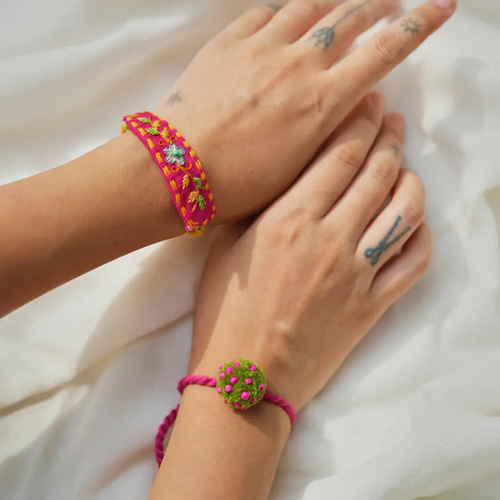 Handmade Embroidered And Beaded Pom Pom Toli And Laddoo Rakhi With Roli Chawal Set Of 2 - Worn on Both Wrists