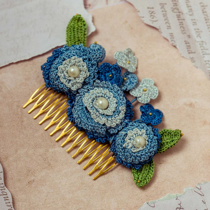 Handmade Crochet Guncha Blue Daisy Bush Hair Comb Pin