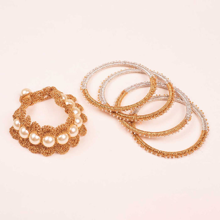 Handmade Crochet Bhommi Gold And Silver Bangles Set | Includes 4 Bangles And 1 Bracelete