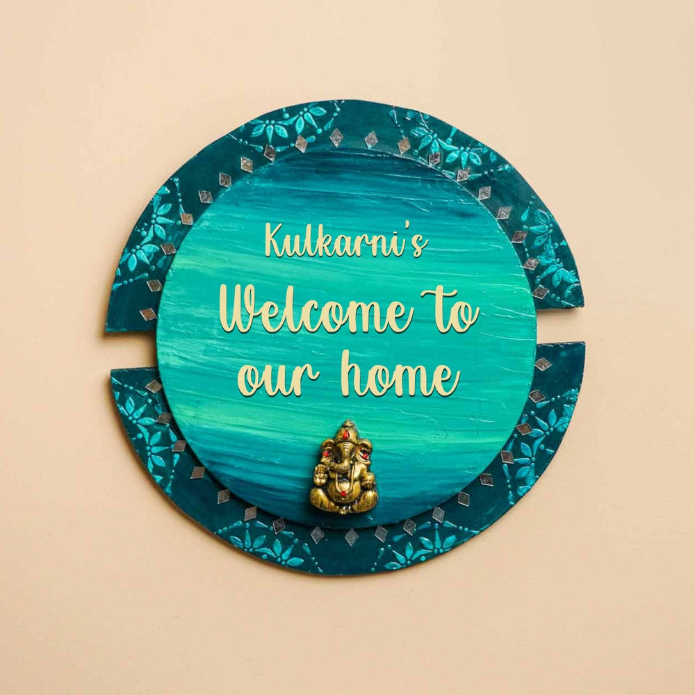 Personalized Round Ganesha Theme Mdf Wood Name Plate - Front View with Personalization Example