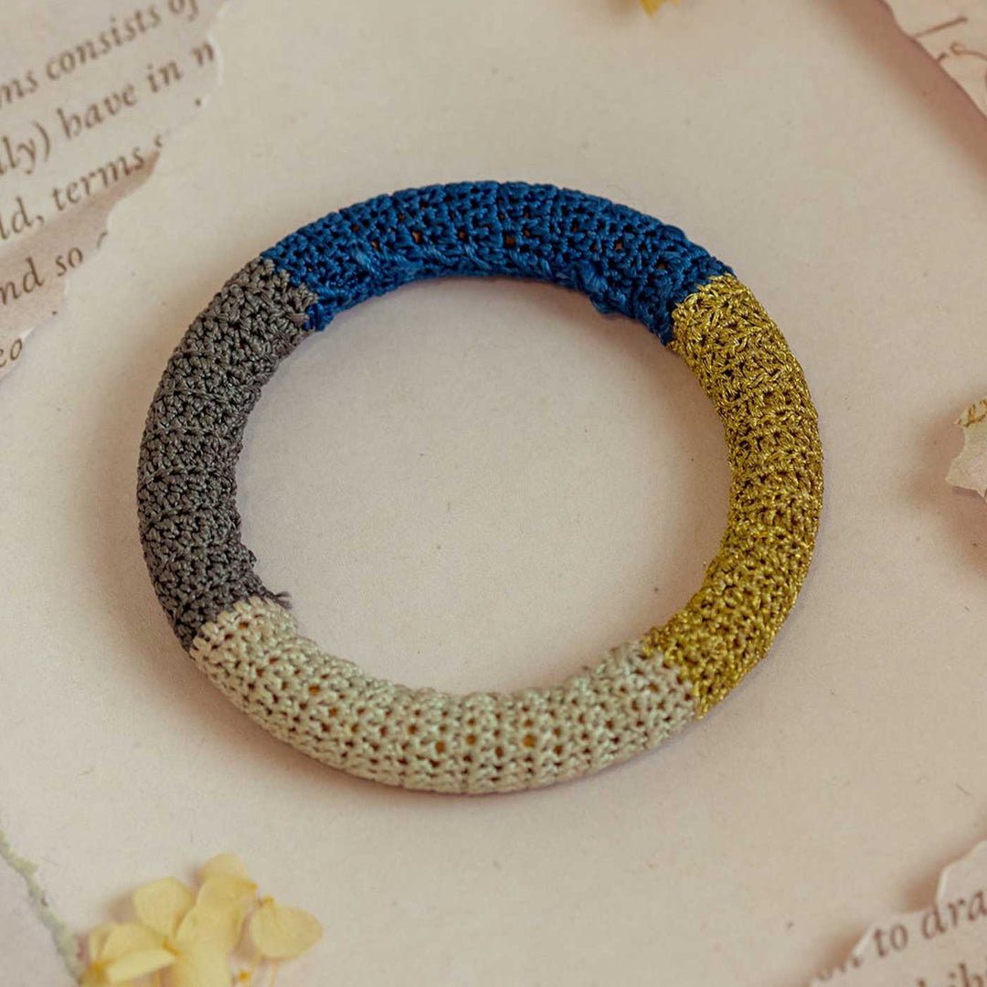 Handmade Crochet Rangat Blue And Gold Colour Block Bangle