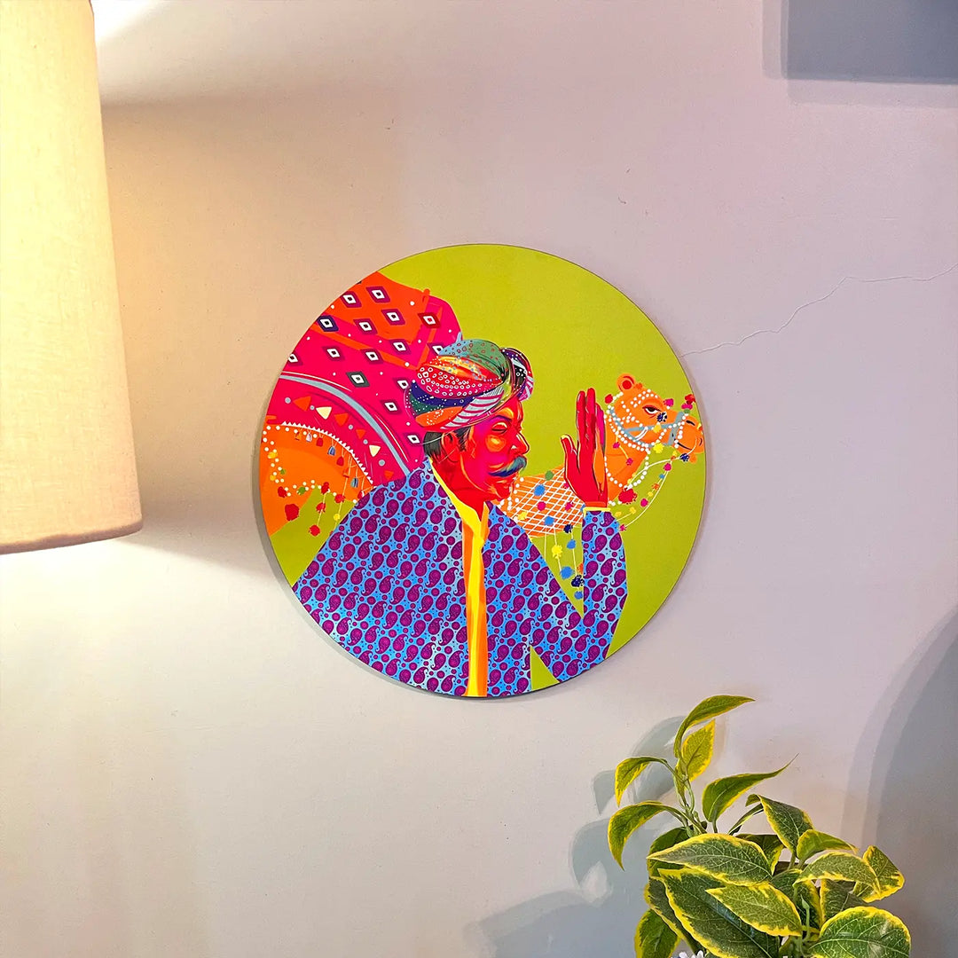 Printed Round Rajasthani Singer Theme MDF Wood Wall Decor