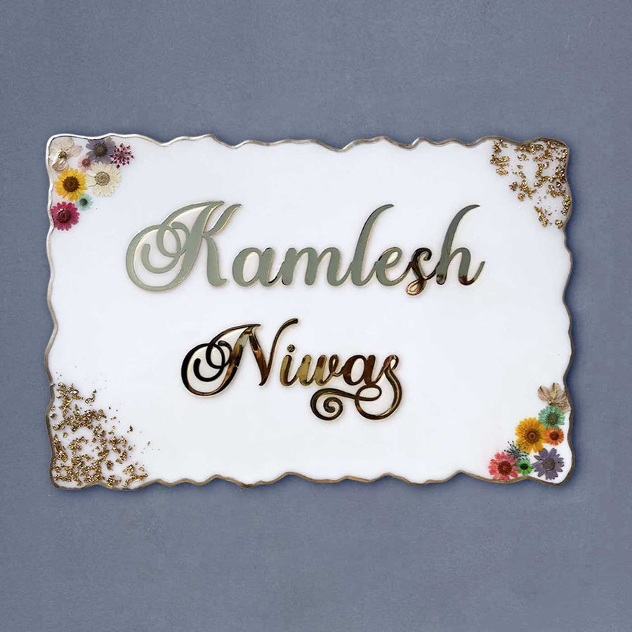 Handcrafted Resin Pressed Flower Nameplate - Front View on Gray Background