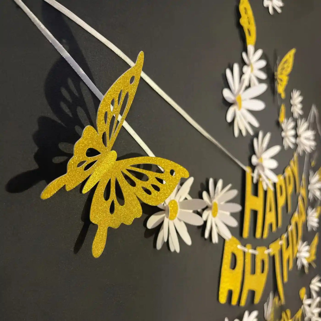White Daisy And Butterflies Design Happy Birthday Paper Bunting