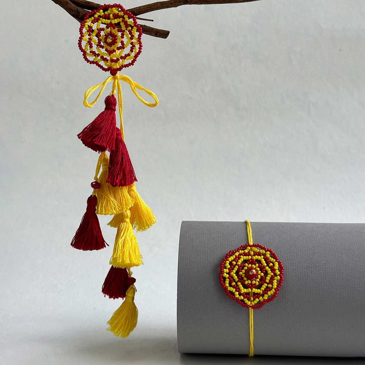 Customized Handmade Beaded Mandala Design Lumba Rakhi For Bhabhi With Roli Chawal - Hanging View with Tassels (3)