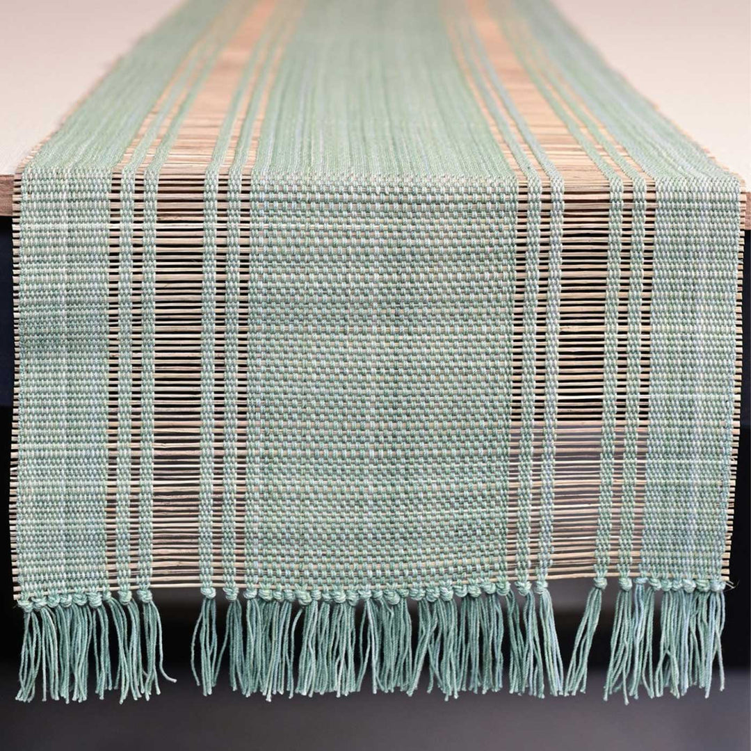 Hand Woven Double Striped Madhurkati Green Table Runner
