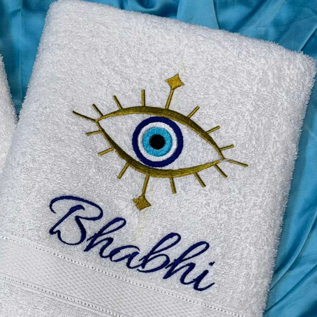Personalized Embroidered Evil Eye Theme Cotton Bath Towel For Bhaiya And Bhabhi | Set Of 2