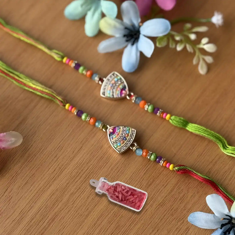 Handmade Quirky Beaded Rakhi With Roli Chawal - Top View with Rice Packet