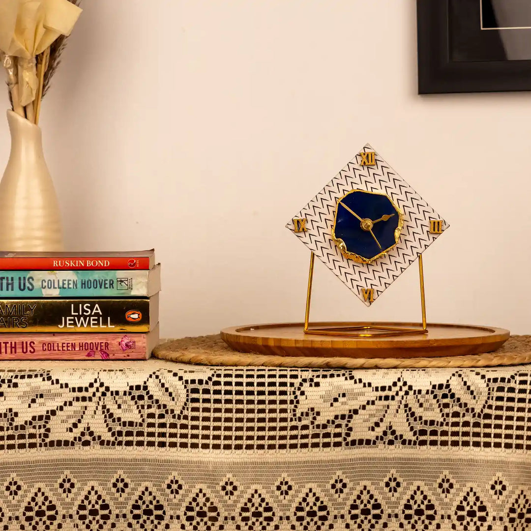 Black And White Diamond Cotton Fabric Coated MDF Desk Clock With Agate Accent | 6 x 4 x 3.5 inch