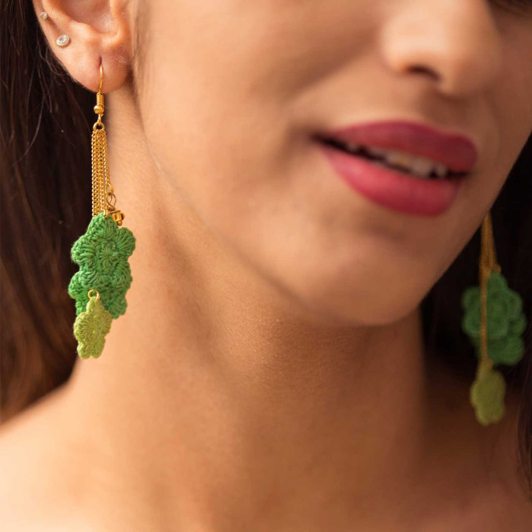 Handmade Crochet Green Poppies Viscose Thread Swing Earrings