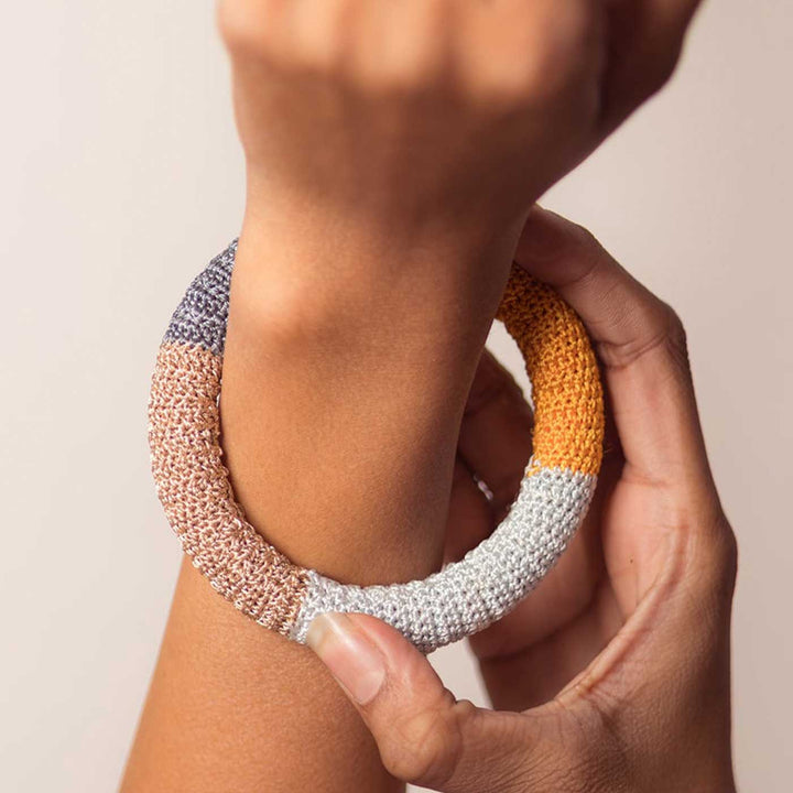 Handmade Crochet Rangat Orange And Grey Colour Block Bangle