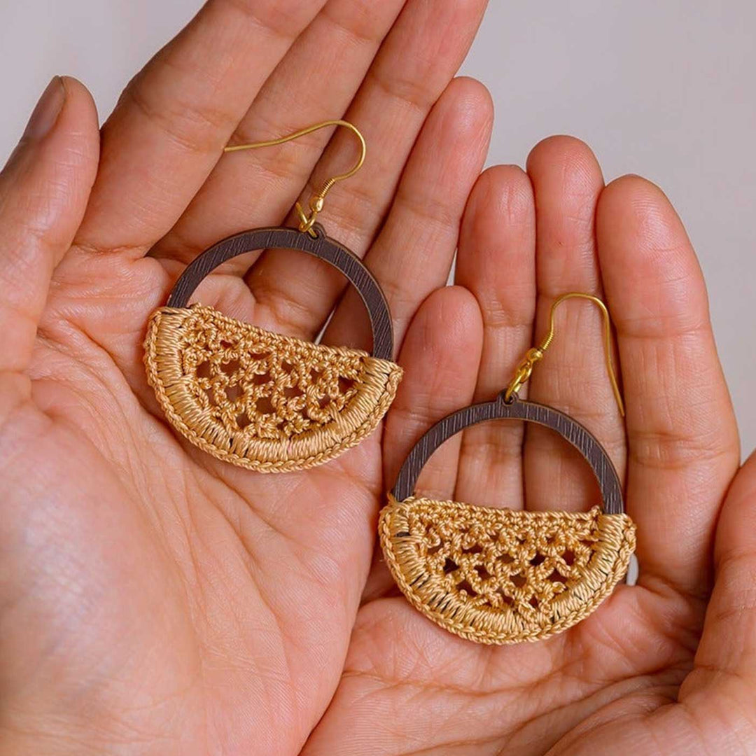 Handmade Crochet Beige Jharokha Earrings