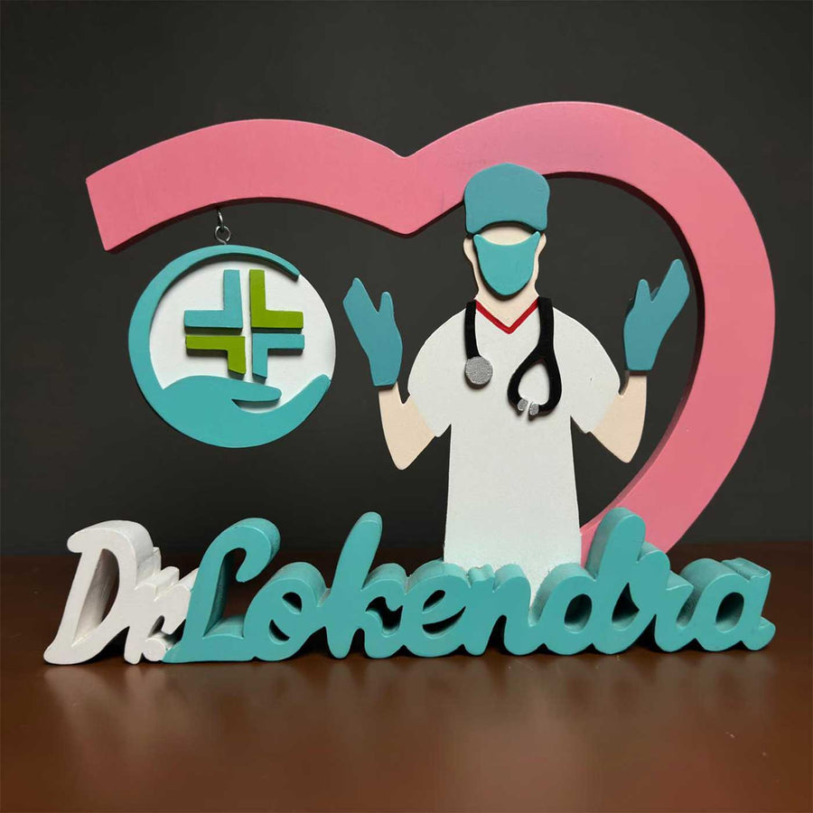 Personalized Cross Sign General Physician Mdf Wood Desk Name Plate - Front View with Name Personalization