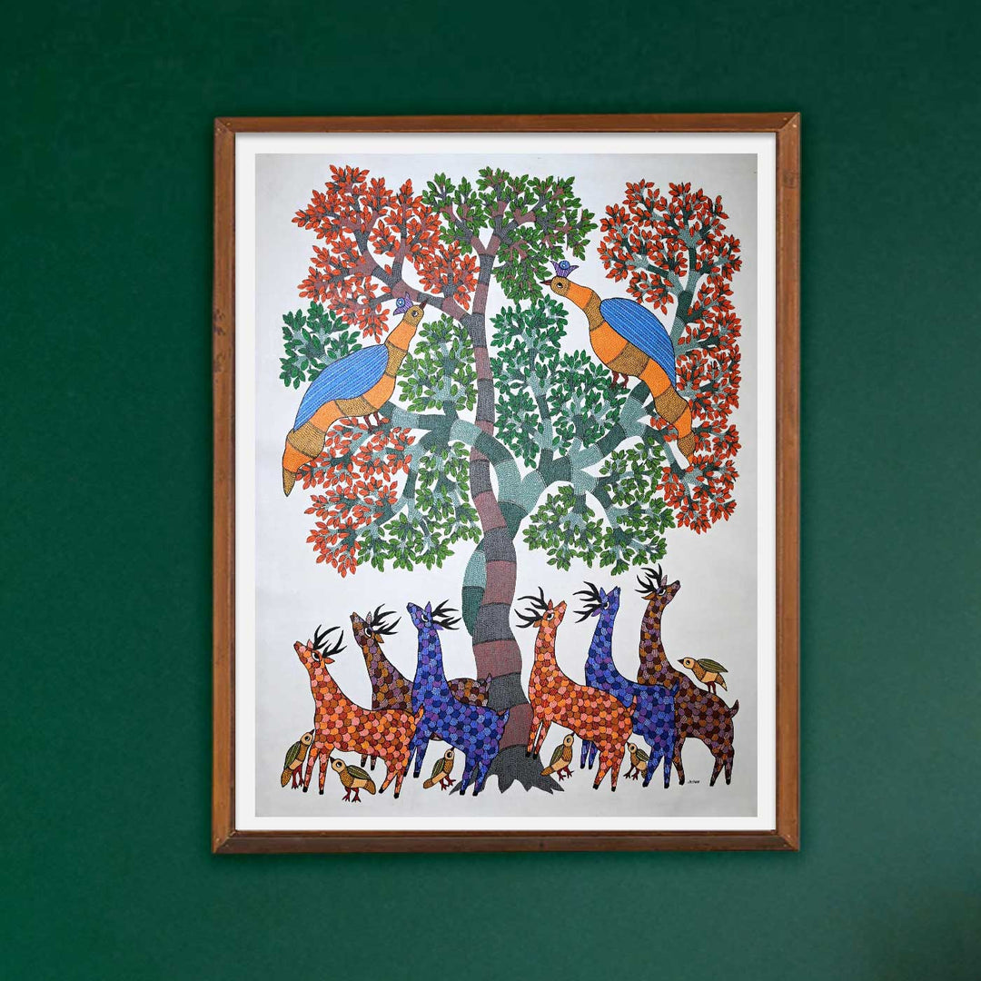 15 x 22 Inch | Peacock, Deers & Birds| Original Hand Painted Tribal Gond Art Painting | Acrylic Paints On Canvas