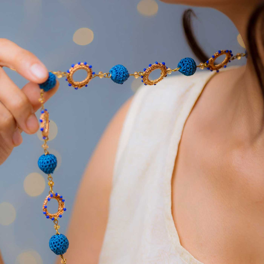 Handmade Crochet Cobalt Blue Metallic Cheer Necklace