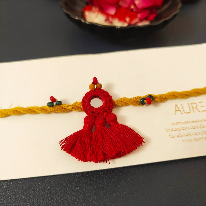 Handmade Mirror Work & Tassels Rakhi With Roli Chawal