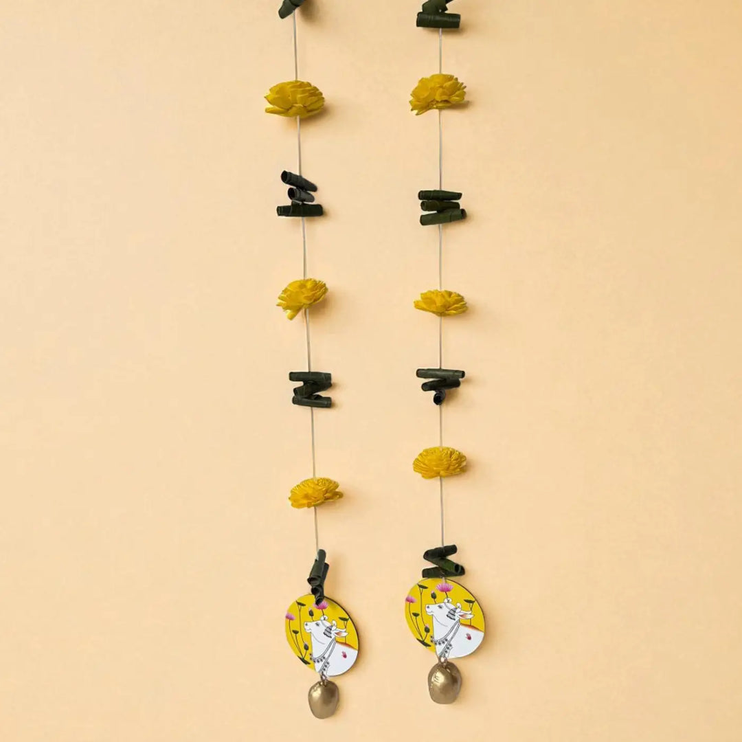 2 Pc | Handmade Yellow Cow Motif Shola Flower Hanging