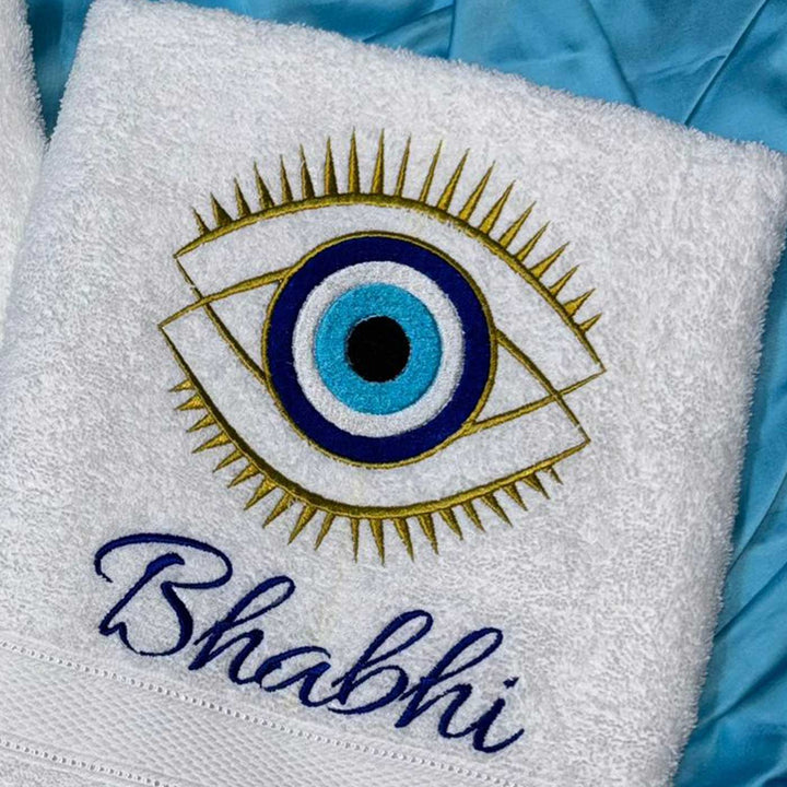 Personalized Embroidered Evil Eye Theme Cotton Bath Towel For Bhaiya And Bhabhi | Set Of 2
