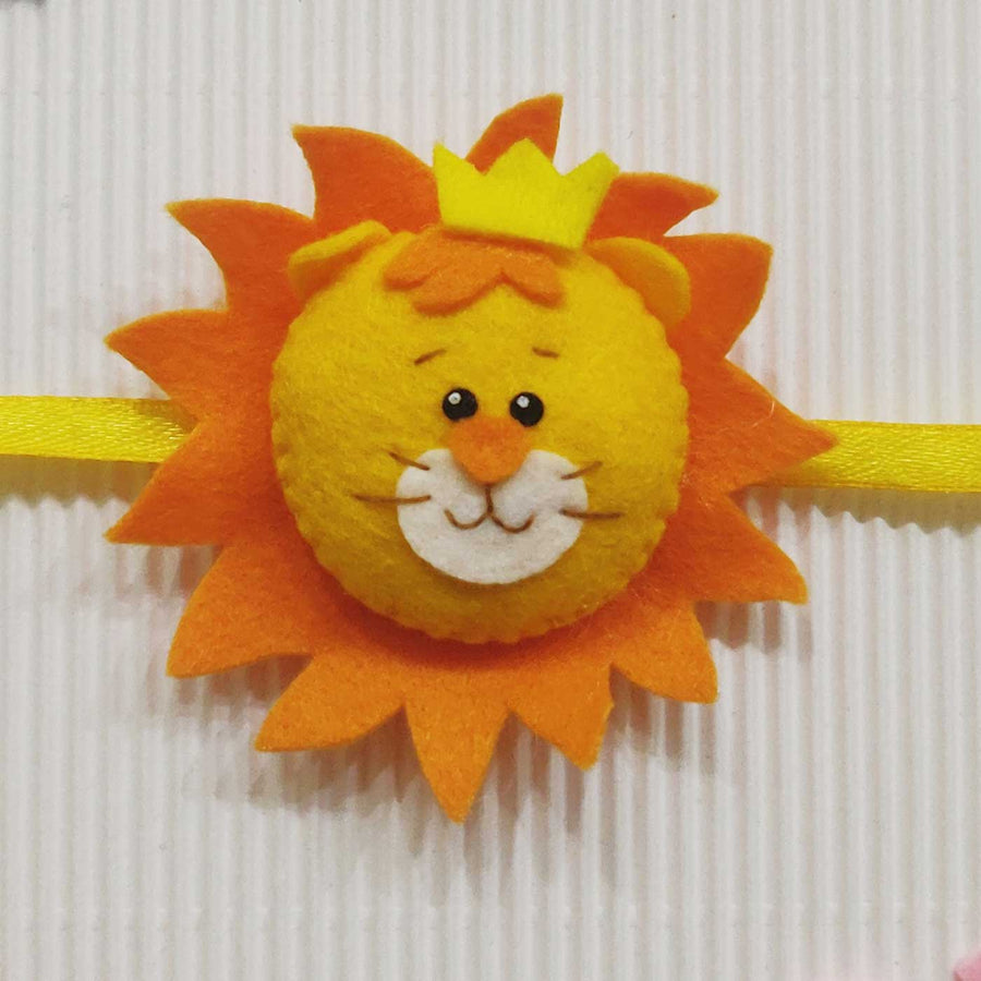 Handmade Lion Theme Felt Kids Rakhi With Roli Chawal 10 - Close-up Front View