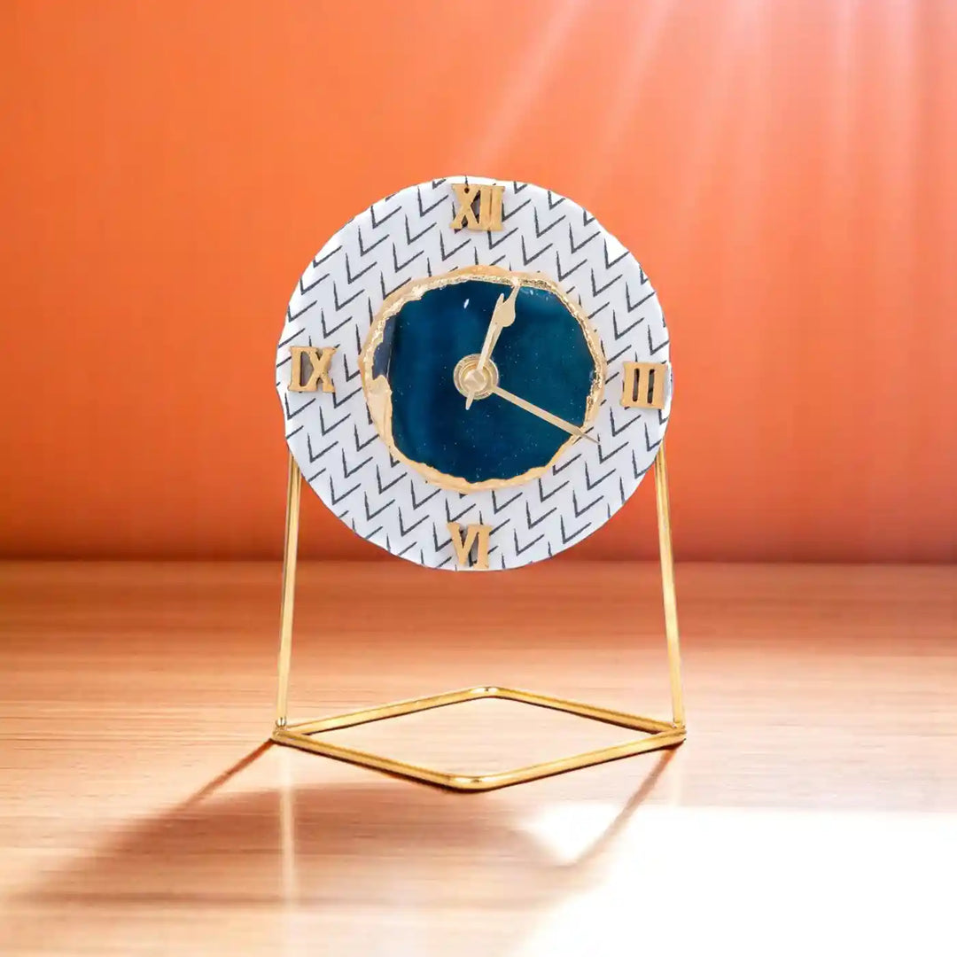 Black And White Round Fabric Coated MDF Desk Clock With Agate Elegant | 6 x 4 x 3.5 inch