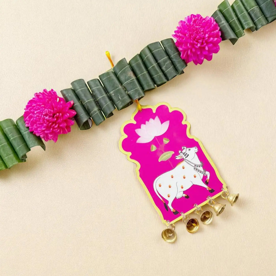 Handmade Pink Cow Motif Shola Flower Toran