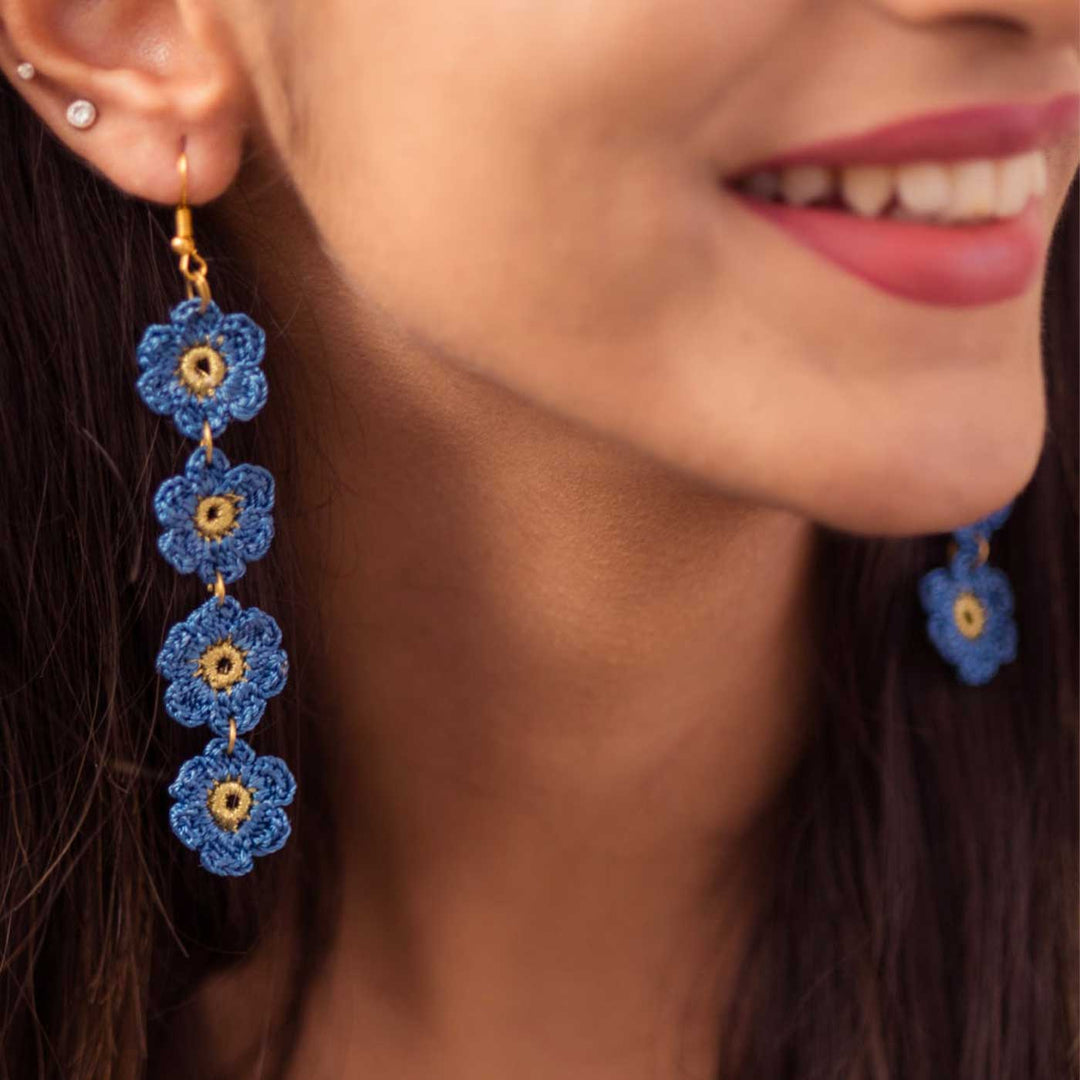 Handmade Crochet Blue Daisies Earrings