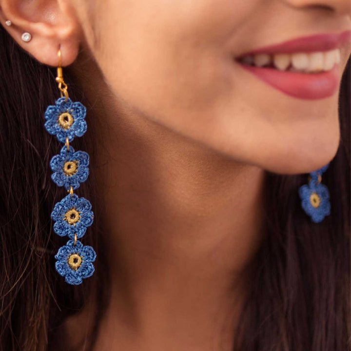 Handmade Crochet Blue Daisies Earrings
