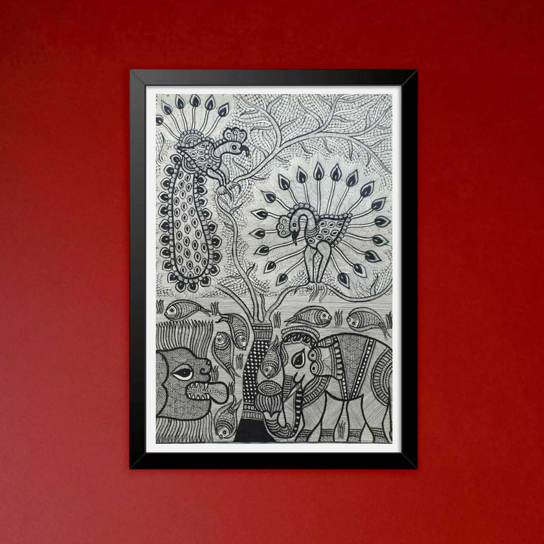 22 x 30 Inch | Harmony of the Forest and Water | Original Hand Painted Madhubani Painting | Natural Pigments On Paper